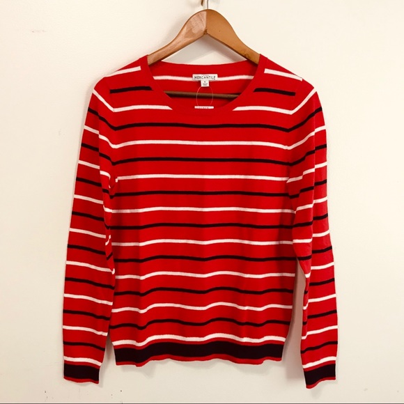 🆕 J. Crew Crewneck Red Sweater with Stripes. NWT - Picture 2 of 7